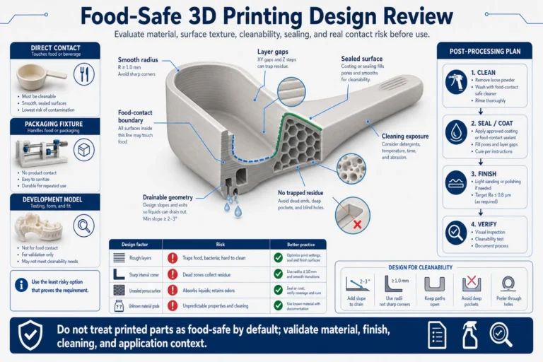 Food-safe 3D printing design review diagram showing layer gaps, porosity risk, smooth radius, sealed surface, drainable geometry, food-contact boundary, cleaning exposure, and validation planning.