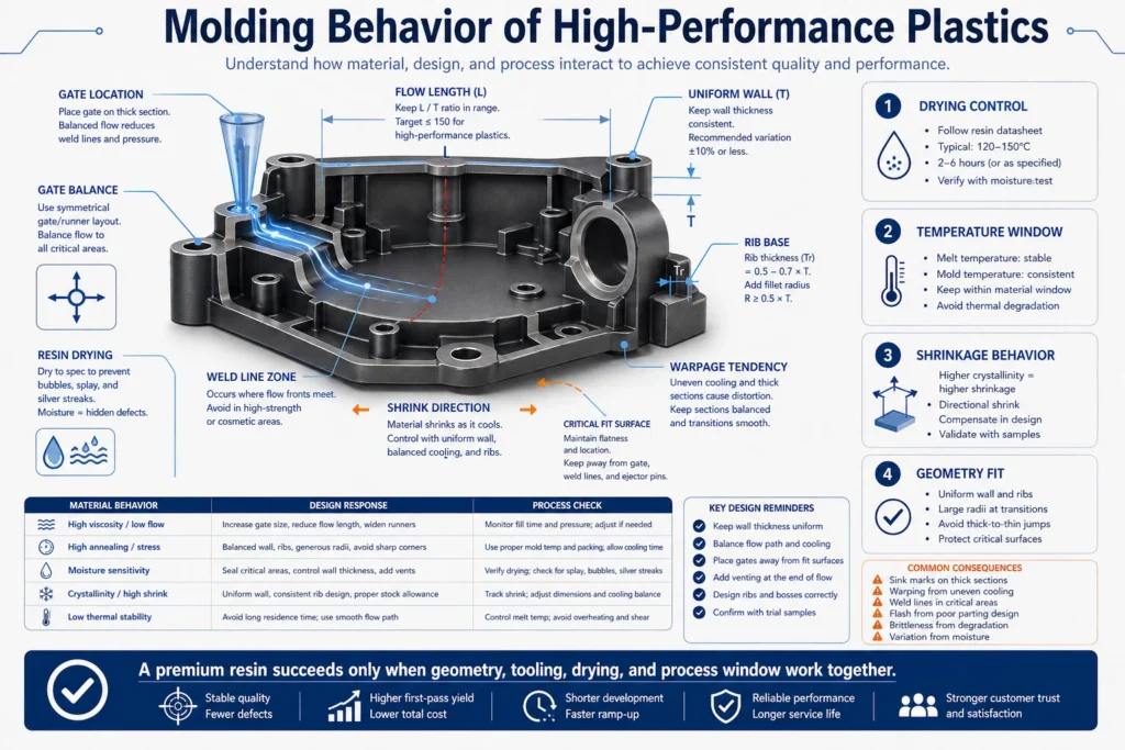 High-performance plastic molding behavior infographic showing wall thickness, gate planning, shrinkage control, moisture management, and processing risk for premium engineering resins.