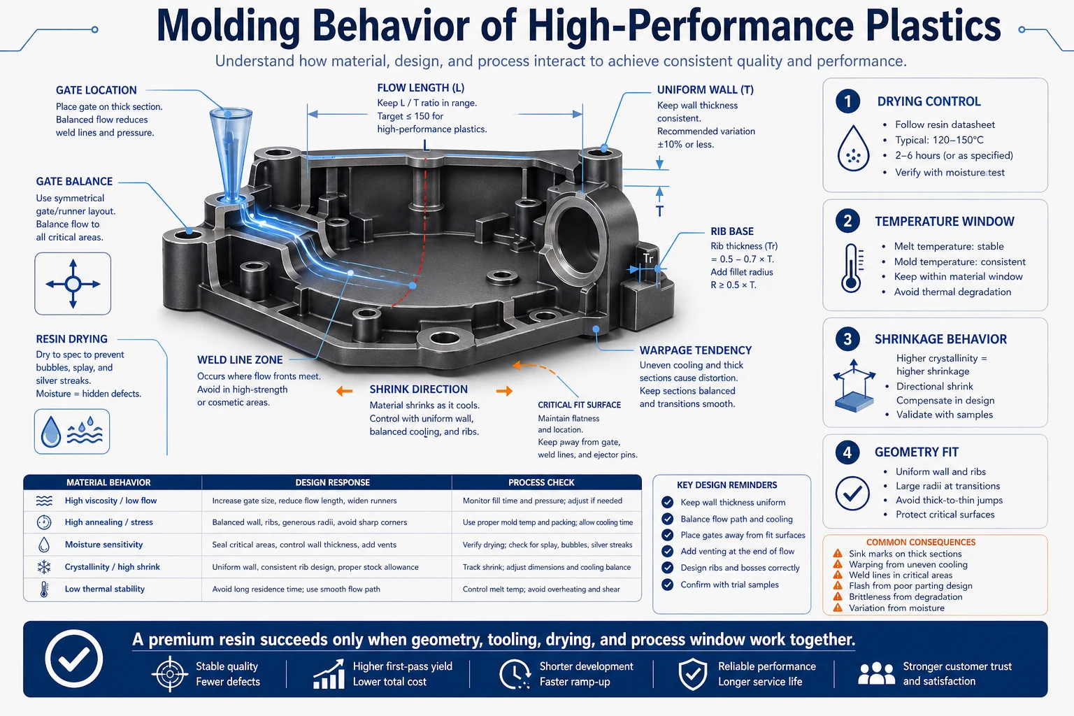 High-performance plastic molding behavior infographic showing wall thickness, gate planning, shrinkage control, moisture management, and processing risk for premium engineering resins.