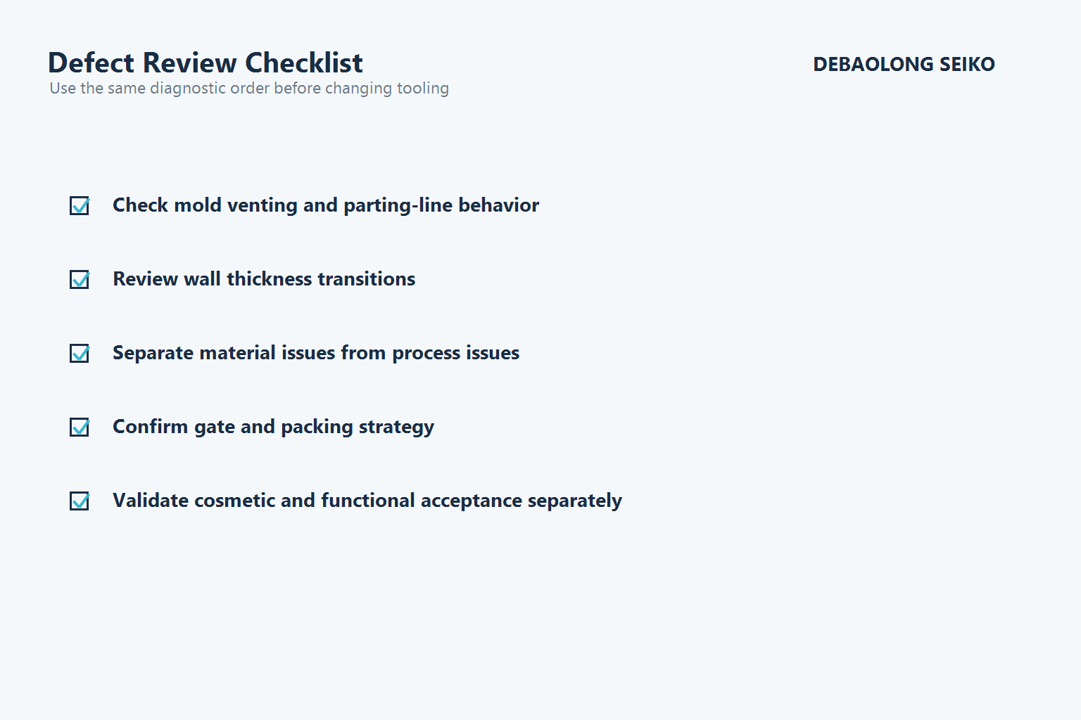 Injection molding defect review checklist for mold, process and material diagnosis.
