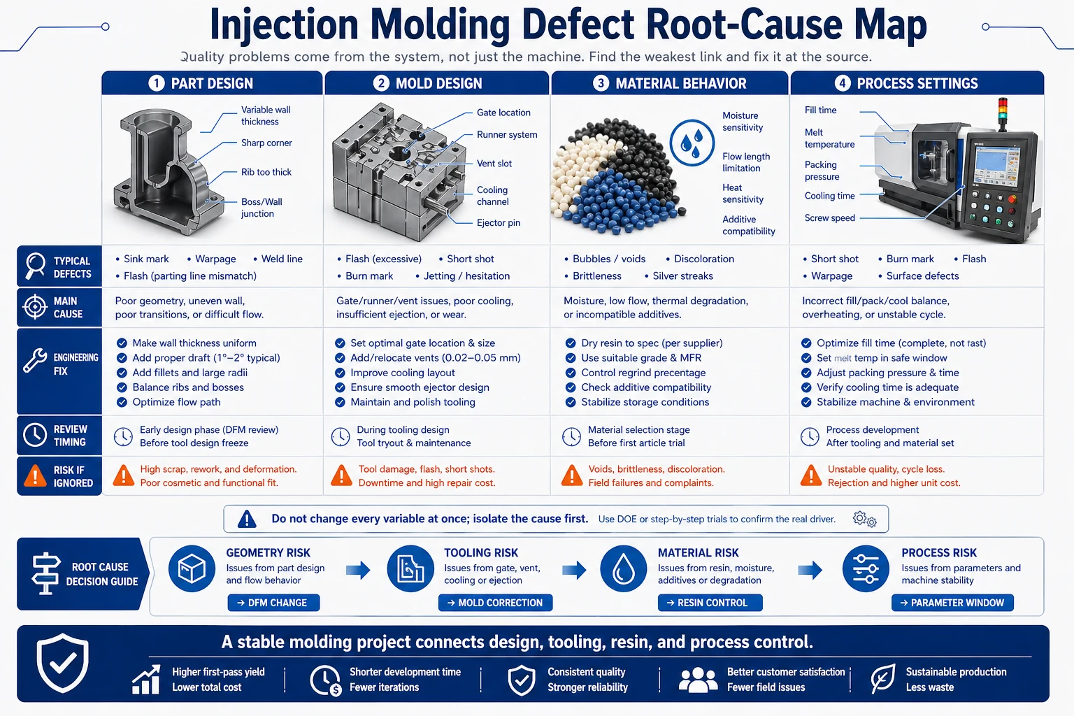 Injection molding defect root-cause map comparing part design, mold design, material behavior, process settings, and inspection response for common molded part defects.