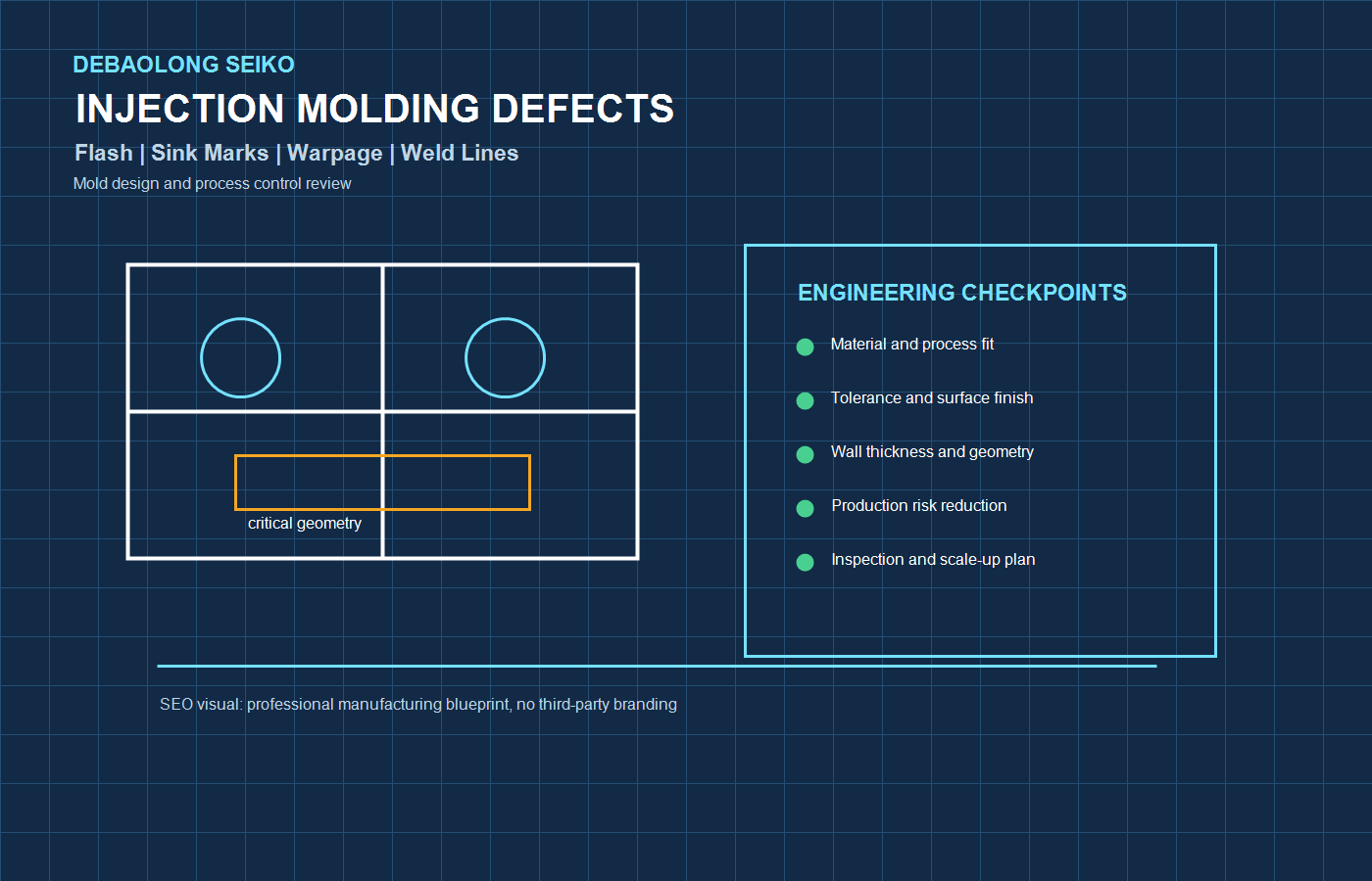 DEBAOLONG SEIKO engineering blueprint for 16 Common Injection Molding Defects: Causes, Prevention and Design Fixes.
