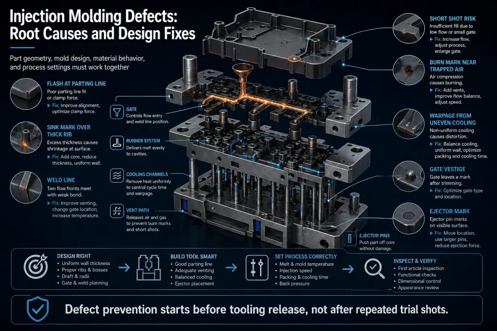Injection molding defects render showing flash sink marks weld lines short shots burn marks warpage root causes and prevention points before tooling release