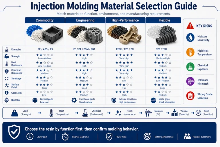 Injection molding material selection guide comparing commodity plastics, engineering plastics, high-performance plastics, and flexible elastomers by strength, heat, chemical resistance, shrinkage, finish, cost, and best use.