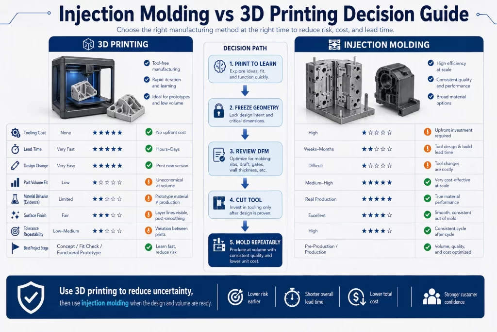 Injection molding versus 3D printing decision guide comparing tooling cost lead time design change part volume material behavior surface finish tolerance repeatability and project stage