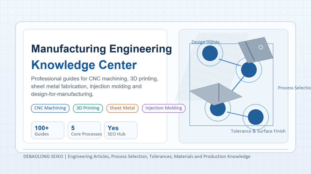 Hero banner Manufacturing Engineering Knowledge Center headline with four colored tags and a blueprint diagram on the right