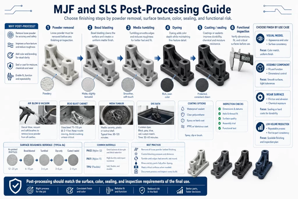 MJF and SLS post processing guide showing powder removal bead blasting media tumbling dyeing coating sealing surface texture color control and final inspection for powder bed printed nylon parts
