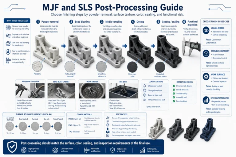 MJF and SLS post-processing guide showing powder removal, bead blasting, media tumbling, dyeing, coating, sealing, surface texture, color control, and final inspection for powder-bed printed nylon parts.