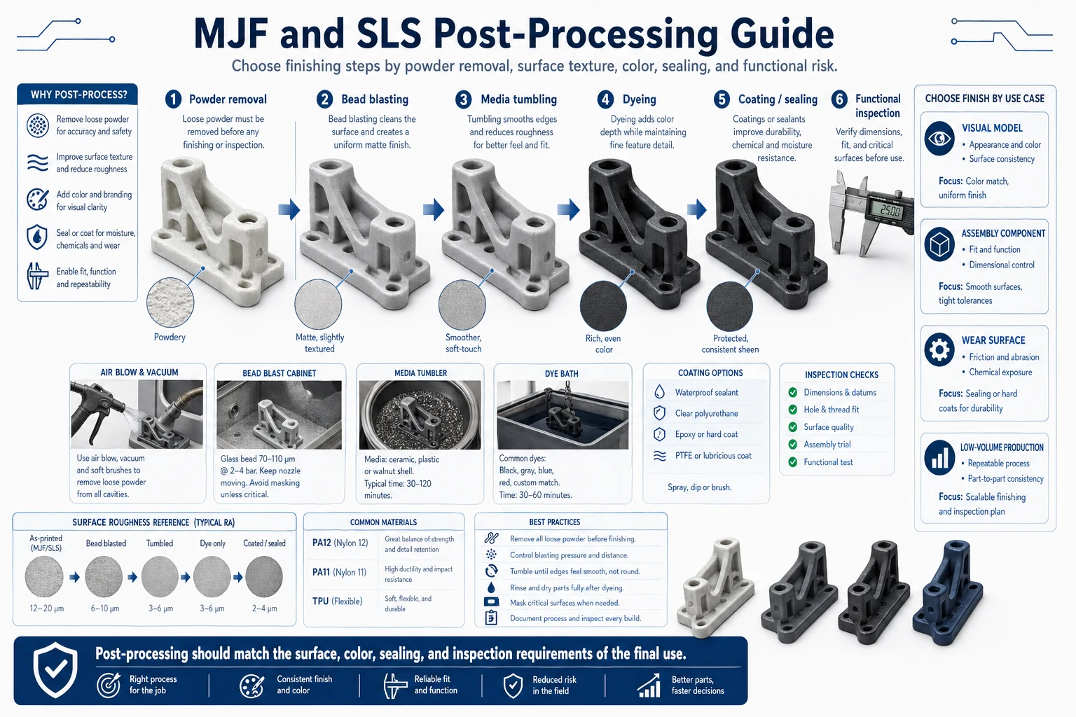 MJF and SLS post-processing guide showing powder removal, bead blasting, media tumbling, dyeing, coating, sealing, surface texture, color control, and final inspection for powder-bed printed nylon parts.