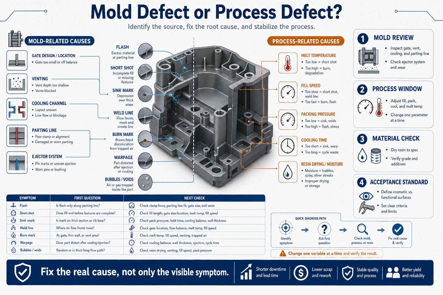 Injection molding troubleshooting infographic separating mold-related causes from process-related causes for defect prevention and production quality control.