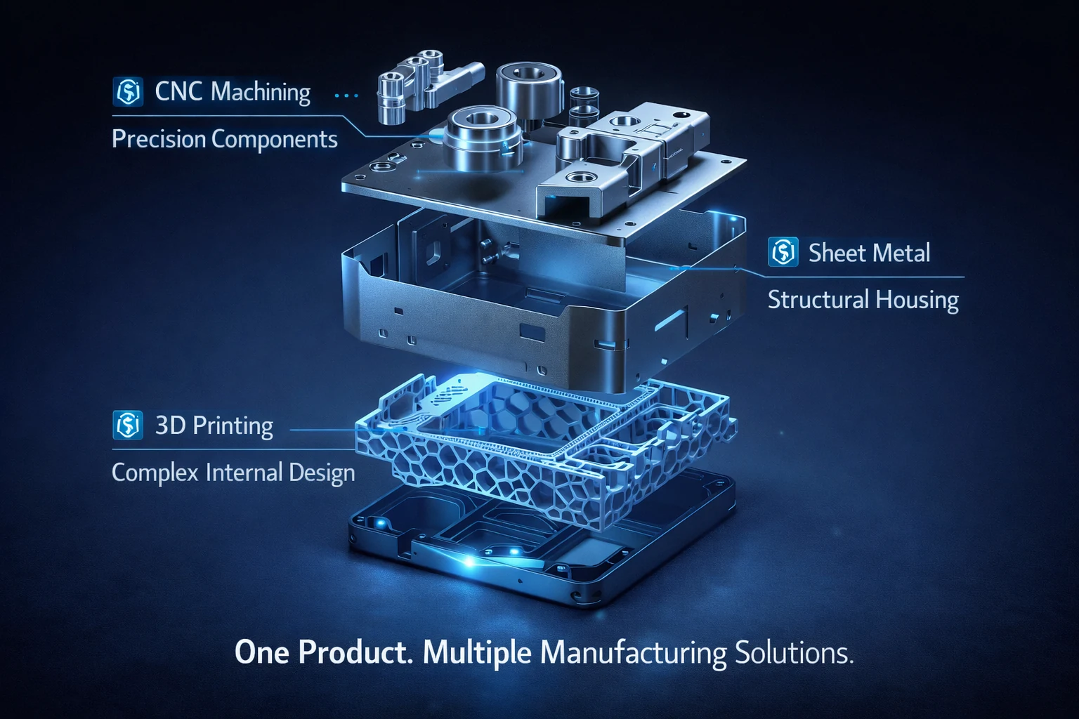 Exploded industrial render showing one product manufactured with CNC machined precision components, sheet metal structural housing, and 3D printed complex internal design.