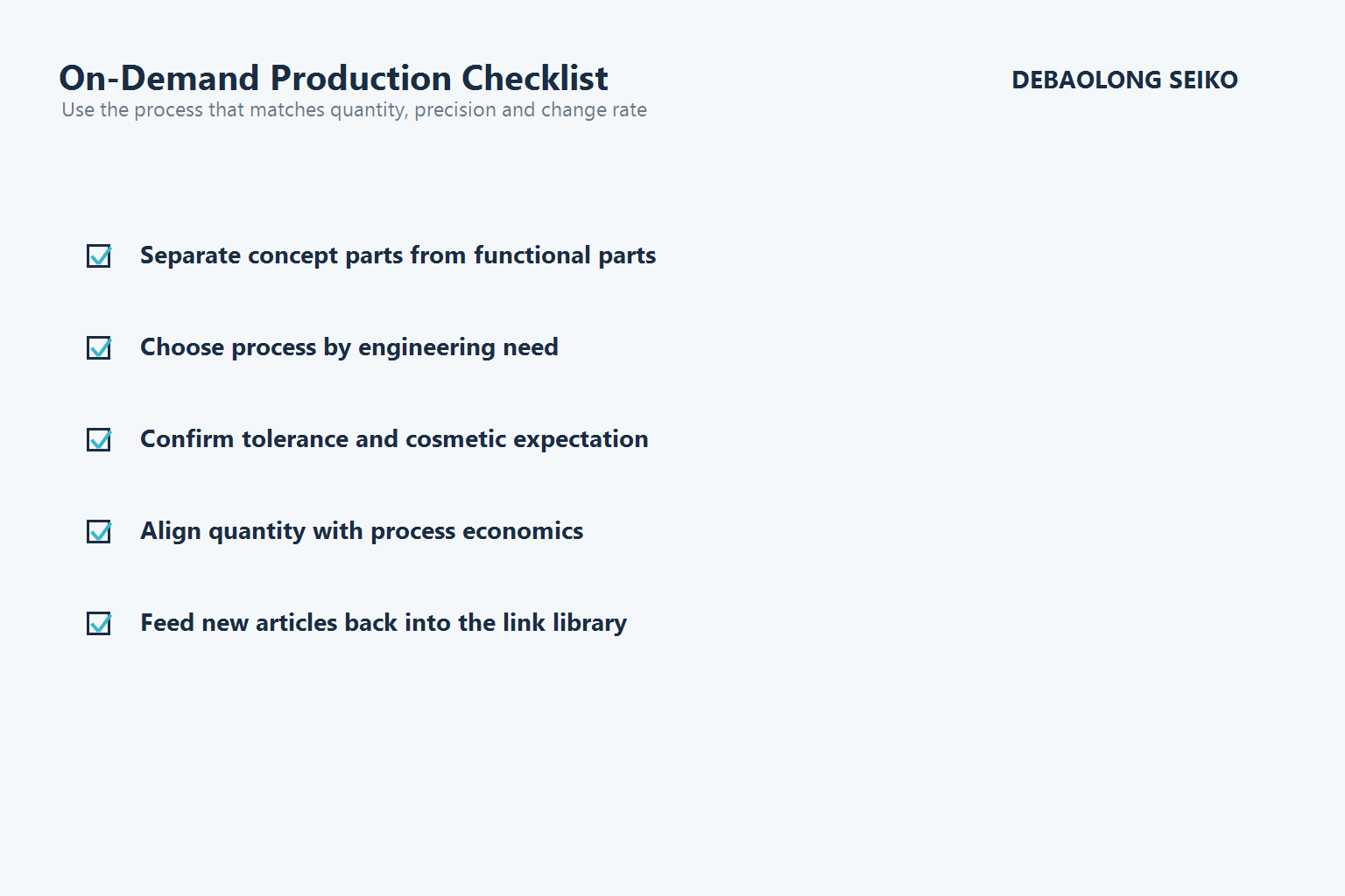 On-demand production checklist for selecting the right manufacturing route.
