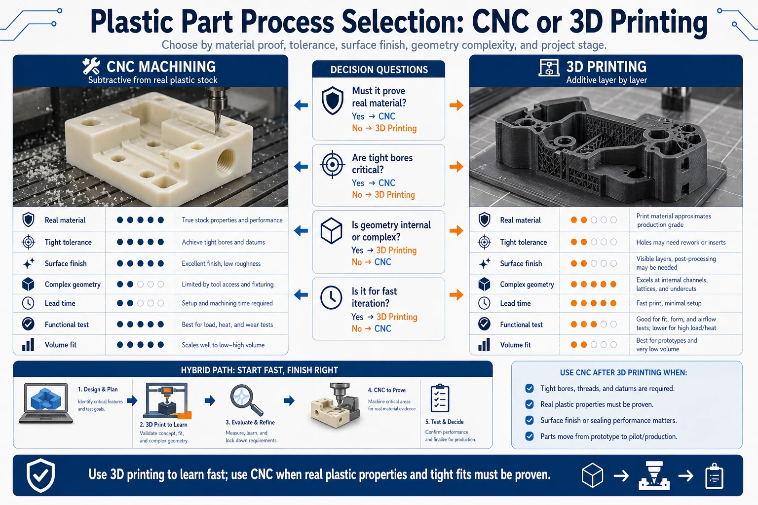 Plastic part process selection infographic comparing CNC machining and 3D printing by real material proof, tight tolerance, surface finish, complex geometry, lead time, functional testing, and volume fit.