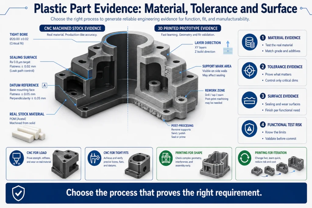 Plastic part evidence infographic comparing CNC machined stock and 3D printed prototypes for material behavior, tight bores, sealing surfaces, datum references, layer direction, support marks, post-processing, and functional test risk.