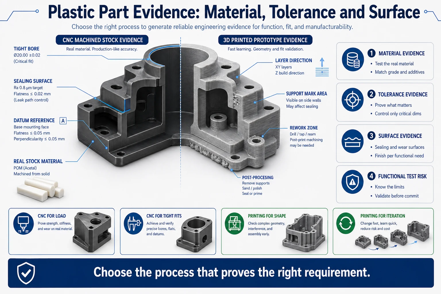 Plastic part evidence infographic comparing CNC machined stock and 3D printed prototypes for material behavior, tight bores, sealing surfaces, datum references, layer direction, support marks, post-processing, and functional test risk.