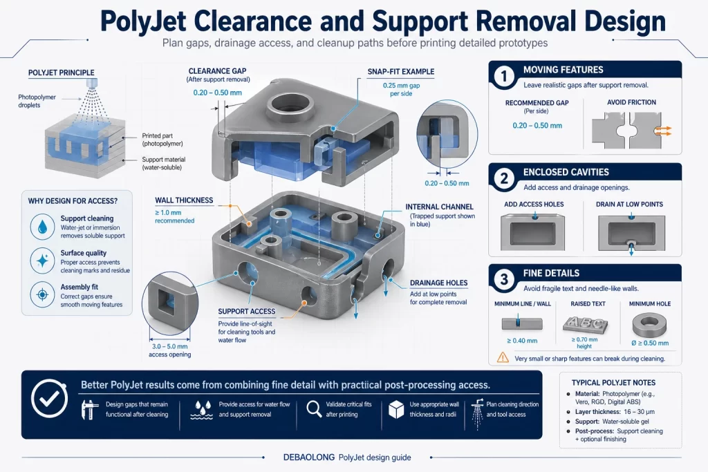 PolyJet clearance and support removal design infographic showing assembly gaps support drainage surface quality fine detail and post processing planning for high detail prototypes