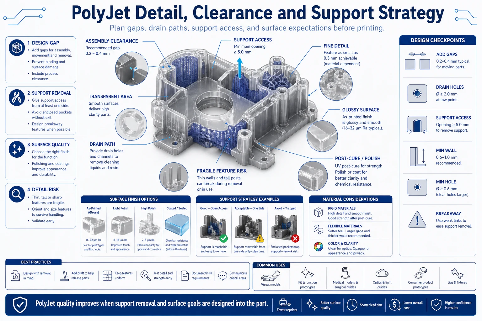 PolyJet detail, clearance and support strategy diagram showing assembly gaps, support removal, drain paths, transparent areas, glossy surfaces, fine detail, fragile feature risk, and post-processing planning.