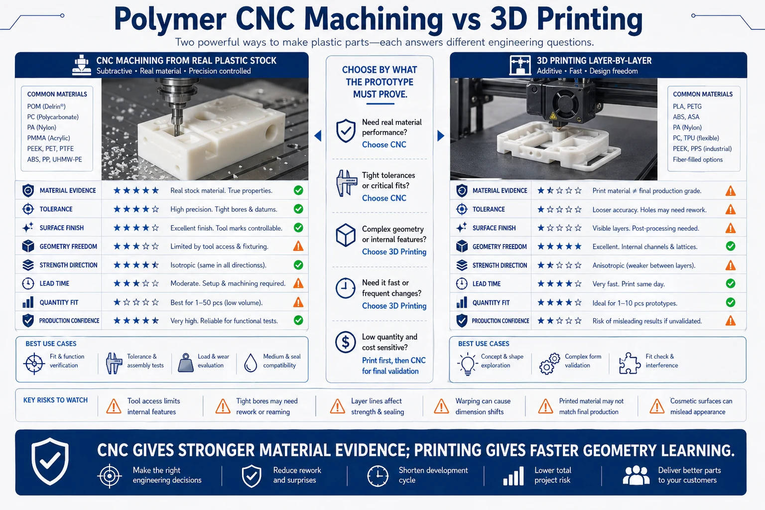 Polymer CNC machining versus 3D printing decision guide comparing real plastic stock machining, layer-by-layer printing, material evidence, tolerance, surface finish, geometry freedom, strength direction, lead time, quantity fit, and production confidence.