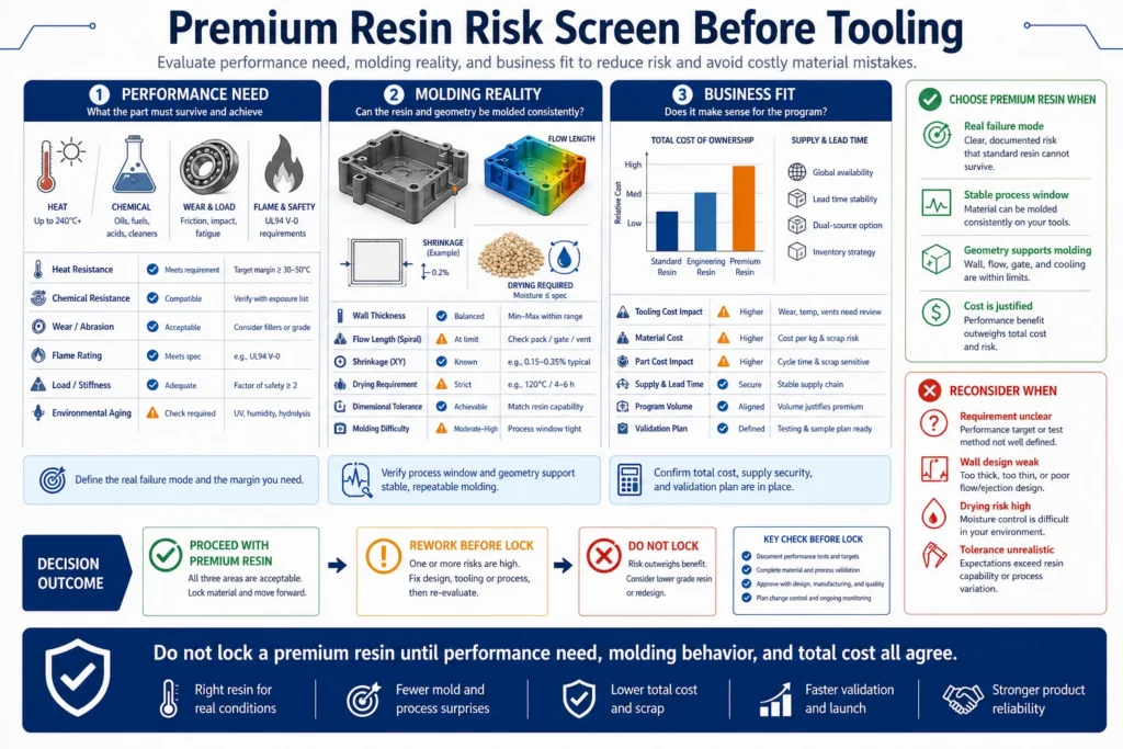 Premium resin decision screen for injection molding evaluating performance need, molding behavior, cost risk, and validation evidence before tooling.