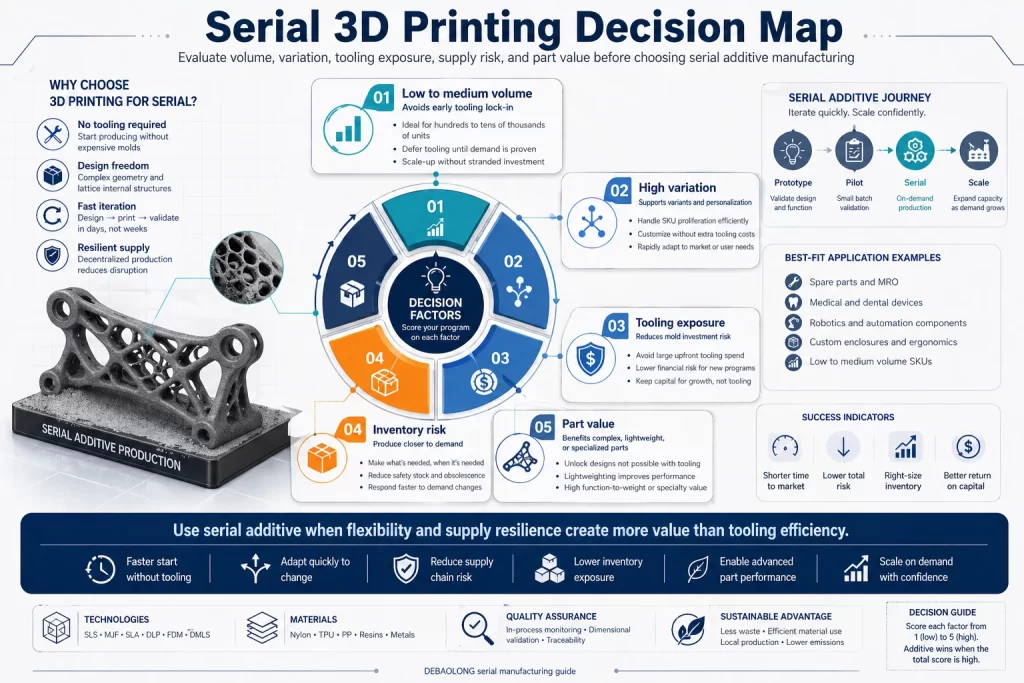 Serial 3D printing decision map showing volume variation tooling exposure inventory risk part value application examples and production journey