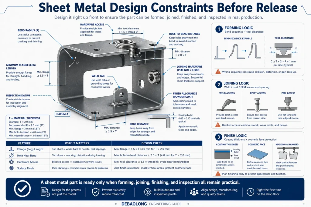 Sheet metal design constraints infographic showing bend radius, flange length, hole spacing, bend relief, hardware clearance, surface finish, and inspection planning before release.