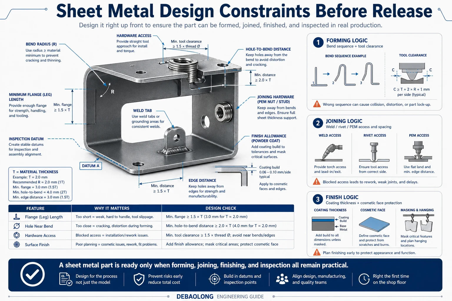 Sheet metal design constraints infographic showing bend radius, flange length, hole spacing, bend relief, hardware clearance, surface finish, and inspection planning before release.