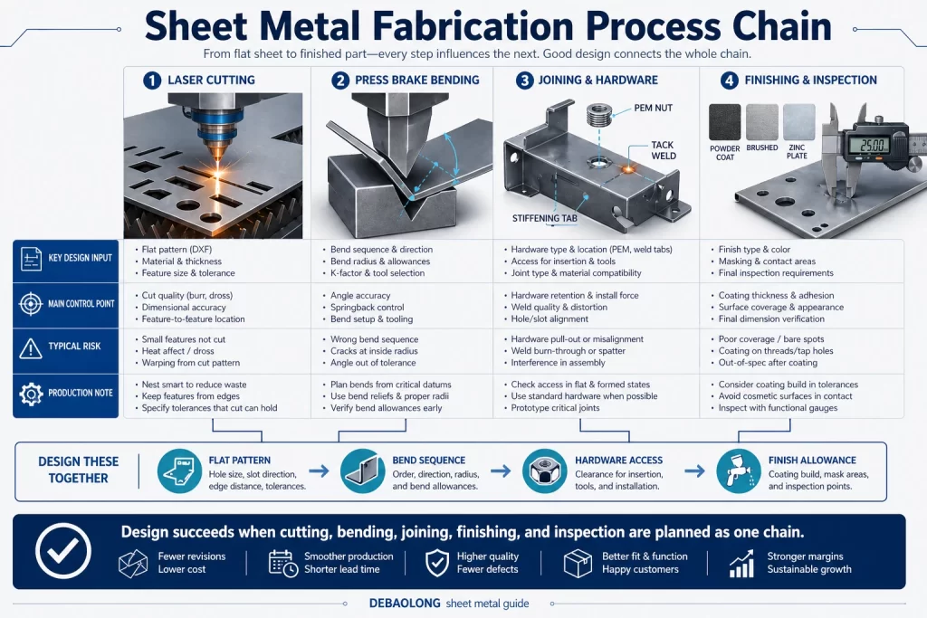 Sheet metal fabrication process chain infographic comparing laser cutting punching bending welding finishing inspection and release steps for production ready parts