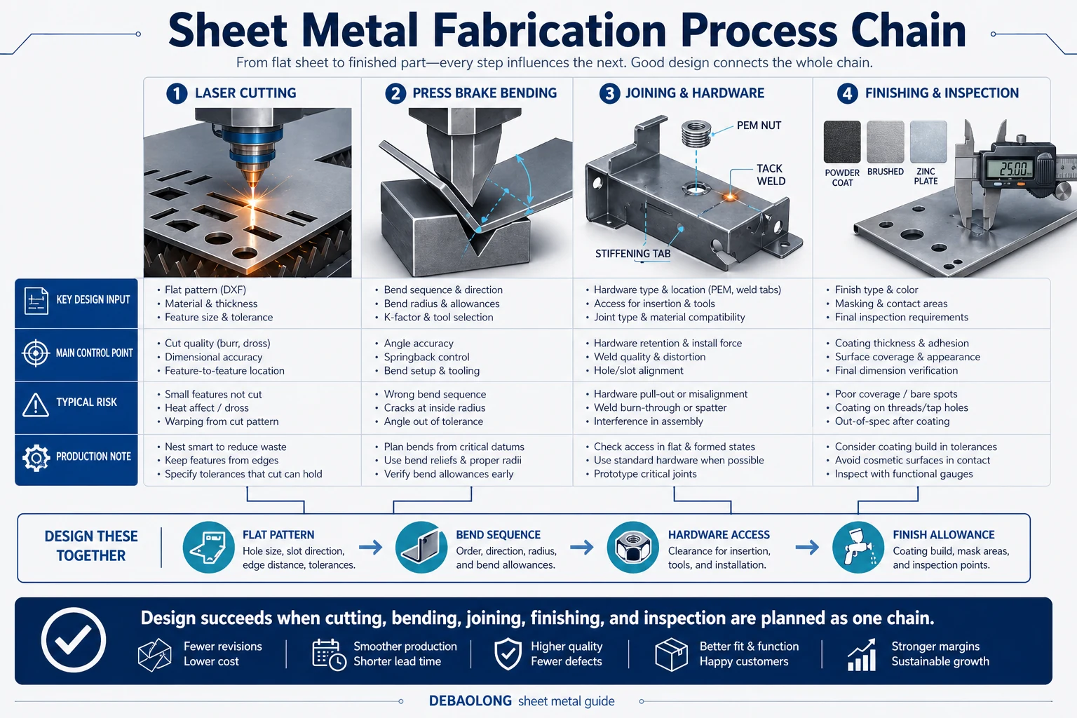 Sheet metal fabrication process chain infographic comparing laser cutting, punching, bending, welding, finishing, inspection, and release steps for production-ready parts.
