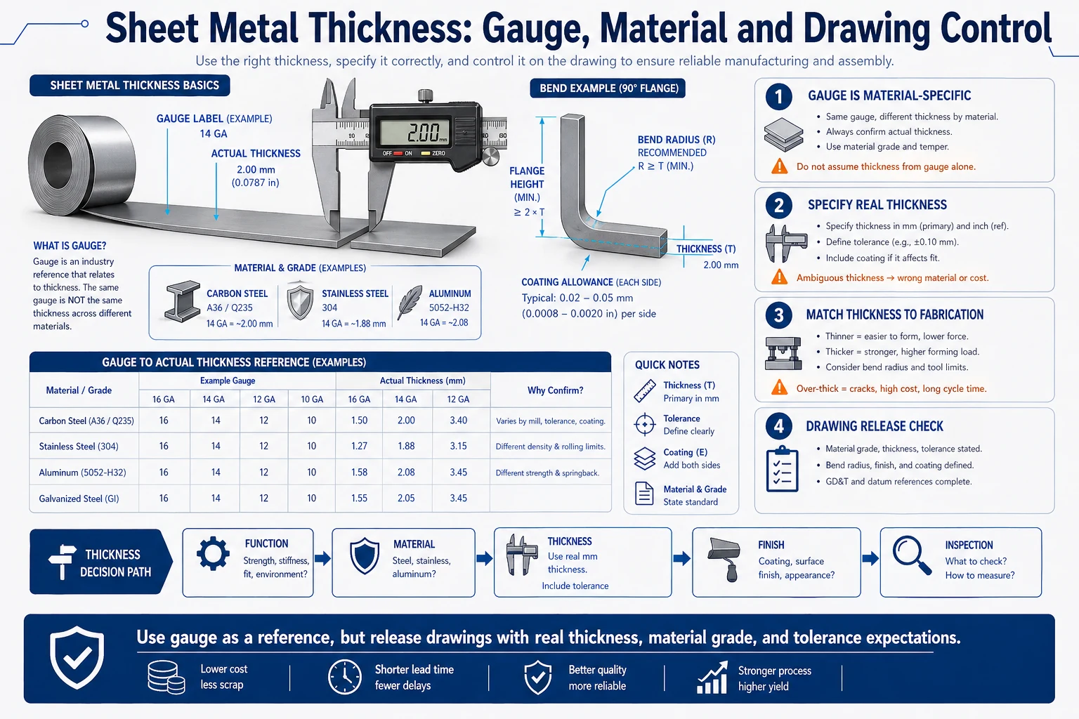 Sheet metal thickness gauge drawing control infographic showing material-specific gauge values, real thickness in millimeters and inches, bend radius, coating allowance, material grade, tolerance, and inspection planning.