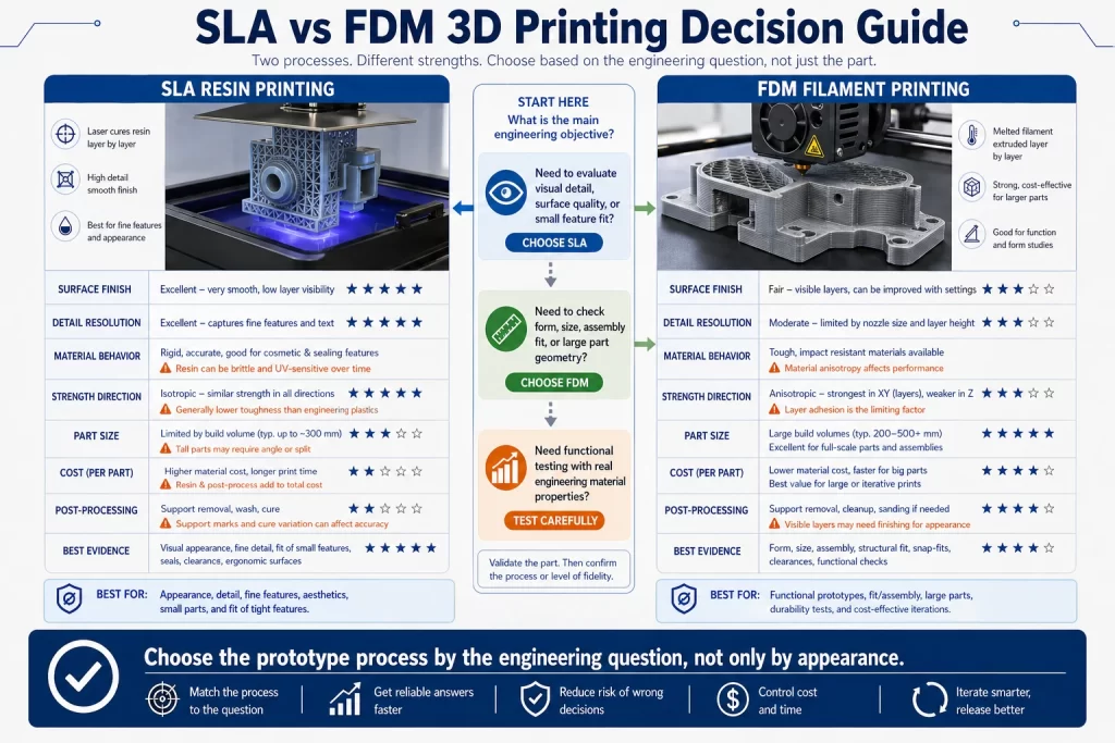 SLA versus FDM 3D printing decision guide comparing surface finish dimensional accuracy material behavior support marks part strength cost speed and prototype validation needs