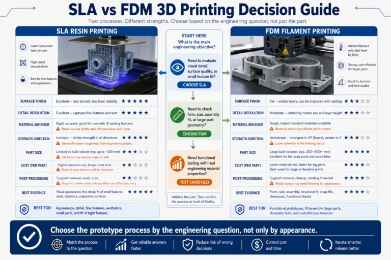 SLA versus FDM 3D printing decision guide comparing surface finish, dimensional accuracy, material behavior, support marks, part strength, cost, speed, and prototype validation needs.