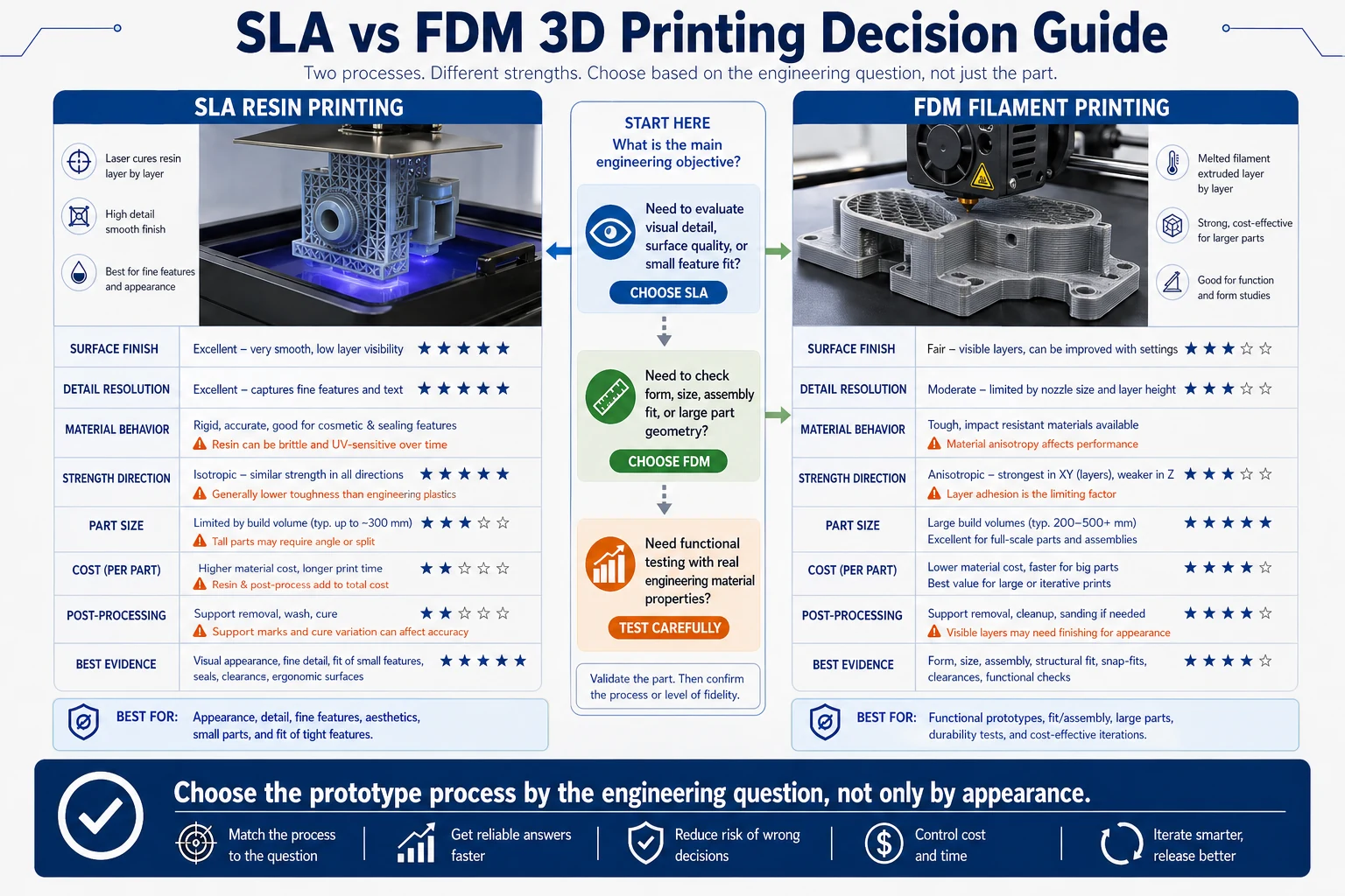 SLA versus FDM 3D printing decision guide comparing surface finish, dimensional accuracy, material behavior, support marks, part strength, cost, speed, and prototype validation needs.