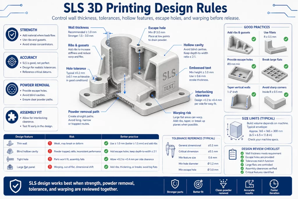 SLS 3D printing design rules diagram showing wall thickness escape holes hollow cavities hole tolerance interlocking clearance embossed text warping risk powder removal paths and assembly fit