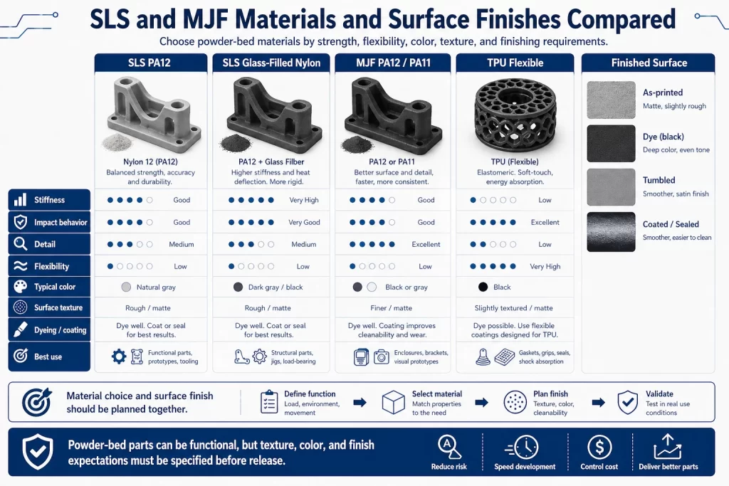 SLS and MJF materials and surface finishes comparison infographic showing PA12 glass filled nylon MJF PA12 and PA11 TPU finish swatches stiffness impact behavior detail flexibility color texture dyeing and coating