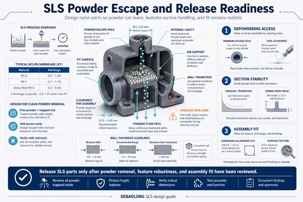 SLS powder escape and release readiness infographic showing internal cavity powder removal paths escape holes wall thickness warping risk and final inspection for stronger nylon parts