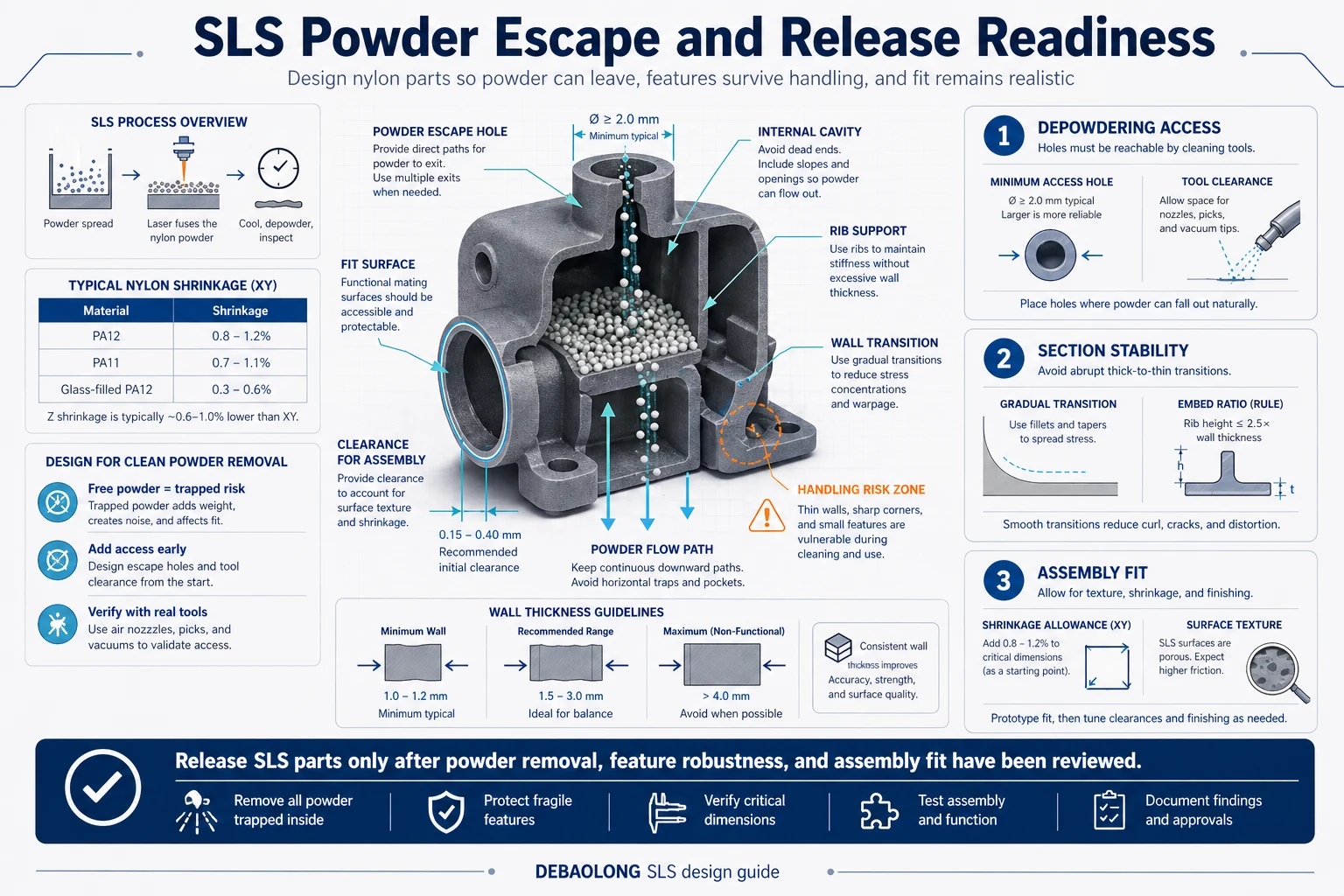 SLS powder escape and release readiness infographic showing internal cavity, powder removal paths, escape holes, wall thickness, warping risk, and final inspection for stronger nylon parts.