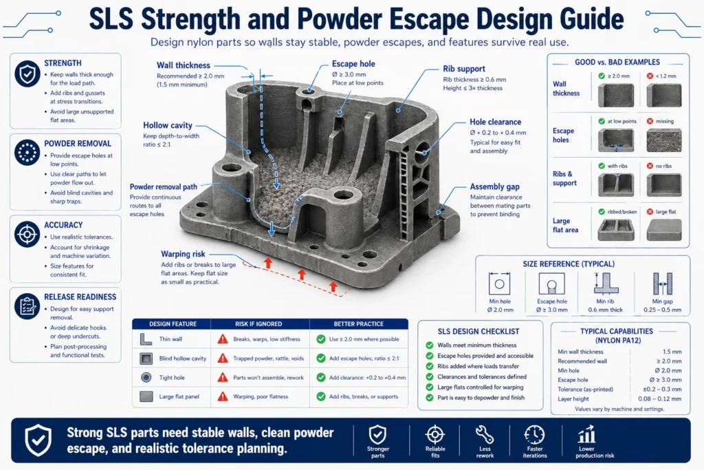 SLS strength and powder escape design guide showing wall thickness, escape holes, hollow cavities, powder removal paths, rib support, hole clearance, warping risk, and assembly gaps.