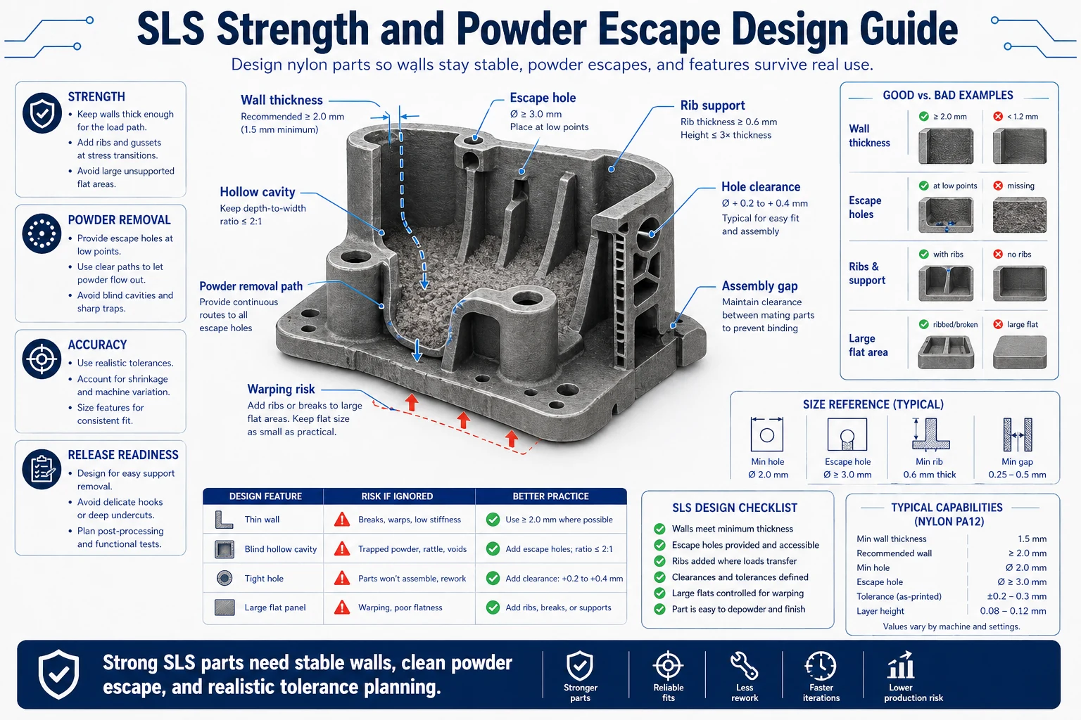SLS strength and powder escape design guide showing wall thickness, escape holes, hollow cavities, powder removal paths, rib support, hole clearance, warping risk, and assembly gaps.