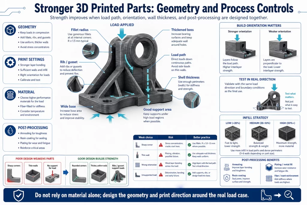 Stronger 3D printed parts engineering diagram showing load path build orientation fillet radius ribs gussets shell thickness infill strategy post processing and real load case testing