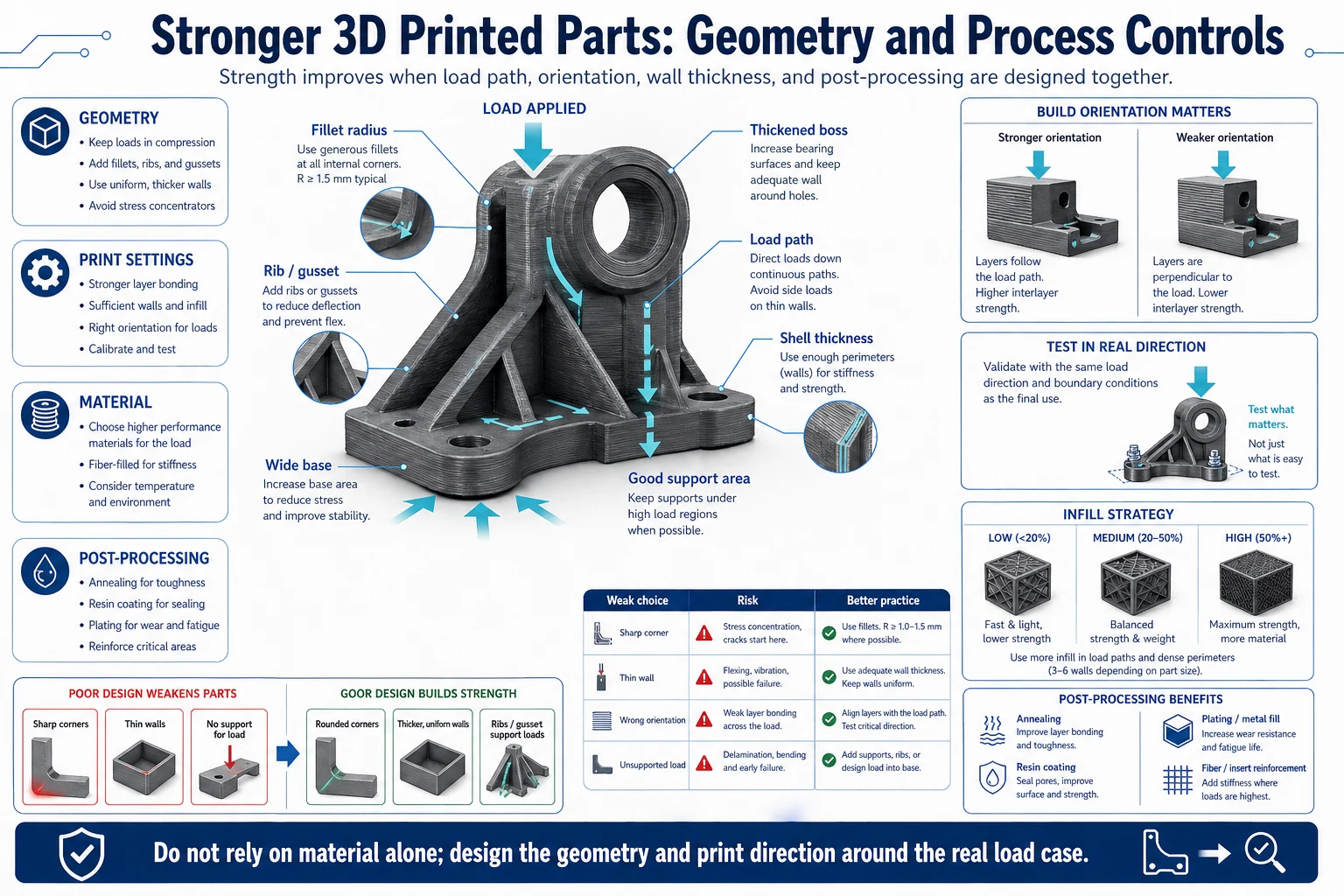 Stronger 3D printed parts engineering diagram showing load path, build orientation, fillet radius, ribs, gussets, shell thickness, infill strategy, post-processing, and real load-case testing.