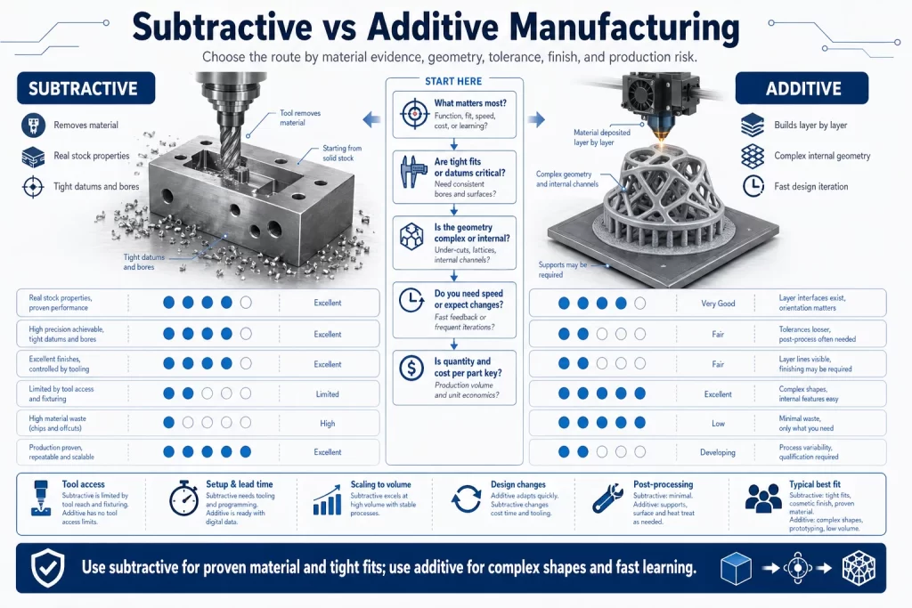 Subtractive versus additive manufacturing comparison infographic showing CNC material removal additive layer building material evidence geometry freedom tolerance surface finish waste lead time and production readiness