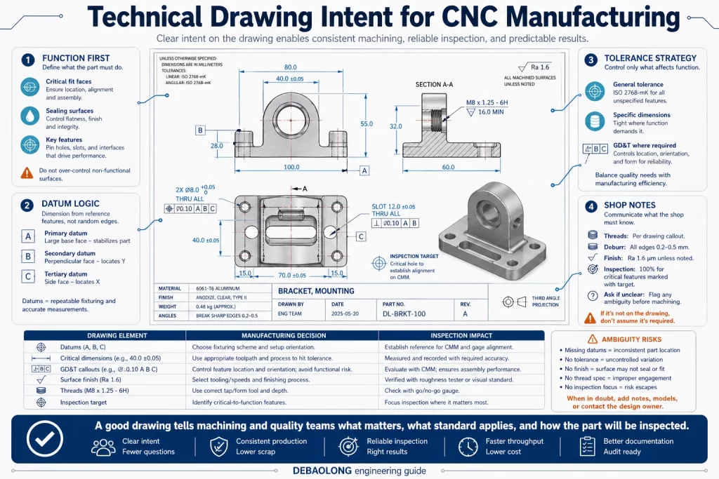 Technical drawing intent infographic for CNC manufacturing showing datums critical dimensions tolerances material notes surface finish thread callouts and inspection planning