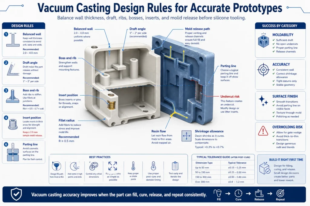 Vacuum casting design rules for accurate prototypes showing balanced wall thickness, draft angle, bosses, ribs, inserts, undercut risk, parting line, resin flow, mold release path, and shrinkage allowance.