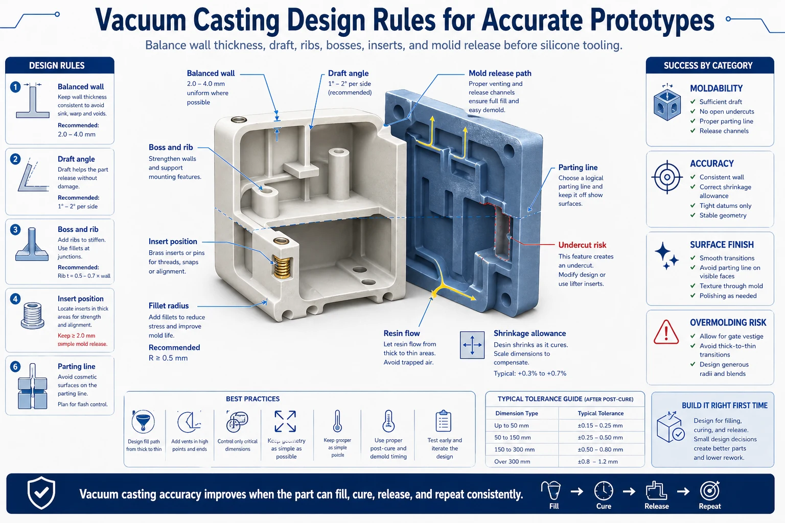 Vacuum casting design rules for accurate prototypes showing balanced wall thickness, draft angle, bosses, ribs, inserts, undercut risk, parting line, resin flow, mold release path, and shrinkage allowance.