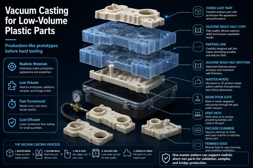 Vacuum casting exploded mold stack showing master model silicone mold halves resin gate vent path vacuum chamber and cured cast plastic part