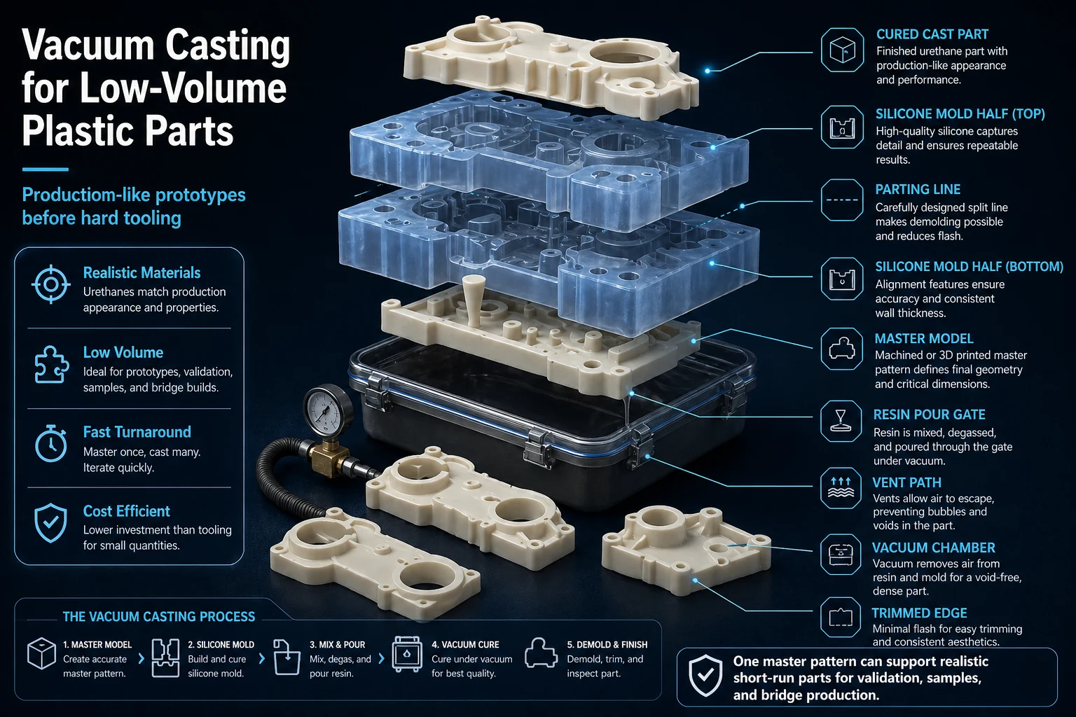 Vacuum casting exploded mold stack showing master model, silicone mold halves, resin gate, vent path, vacuum chamber, and cured cast plastic part.