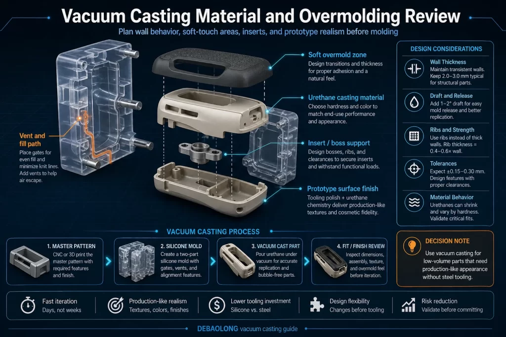 Vacuum casting material and overmolding review infographic showing silicone mold planning wall thickness undercuts inserts overmolding surface finish and prototype accuracy risk