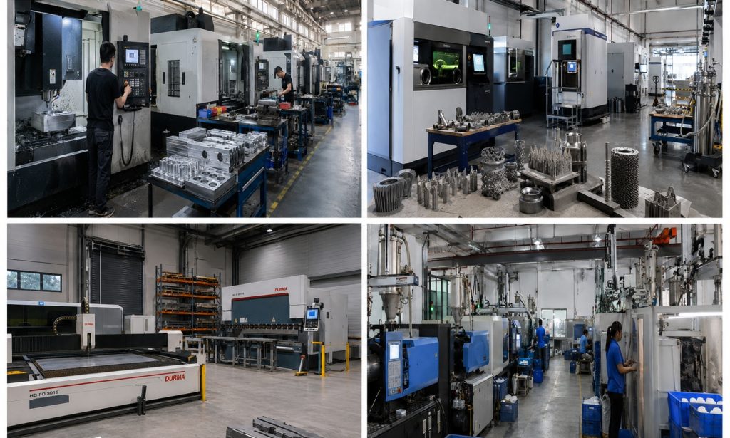 Interior of an industrial metalworking factory with CNC machines workbenches and metal parts being produced or inspected