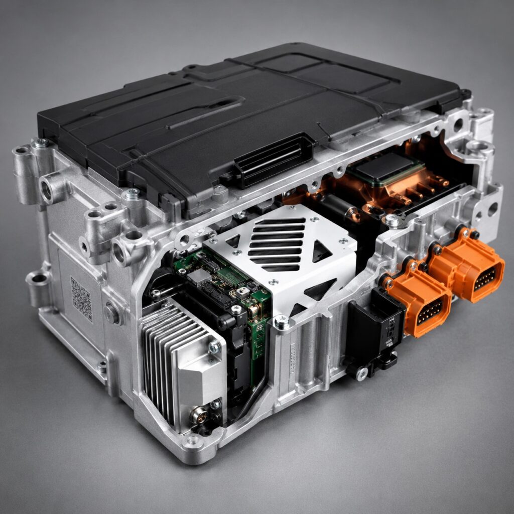 High-tech automotive ECU module with metal chassis, black top cover, and orange connectors on the side