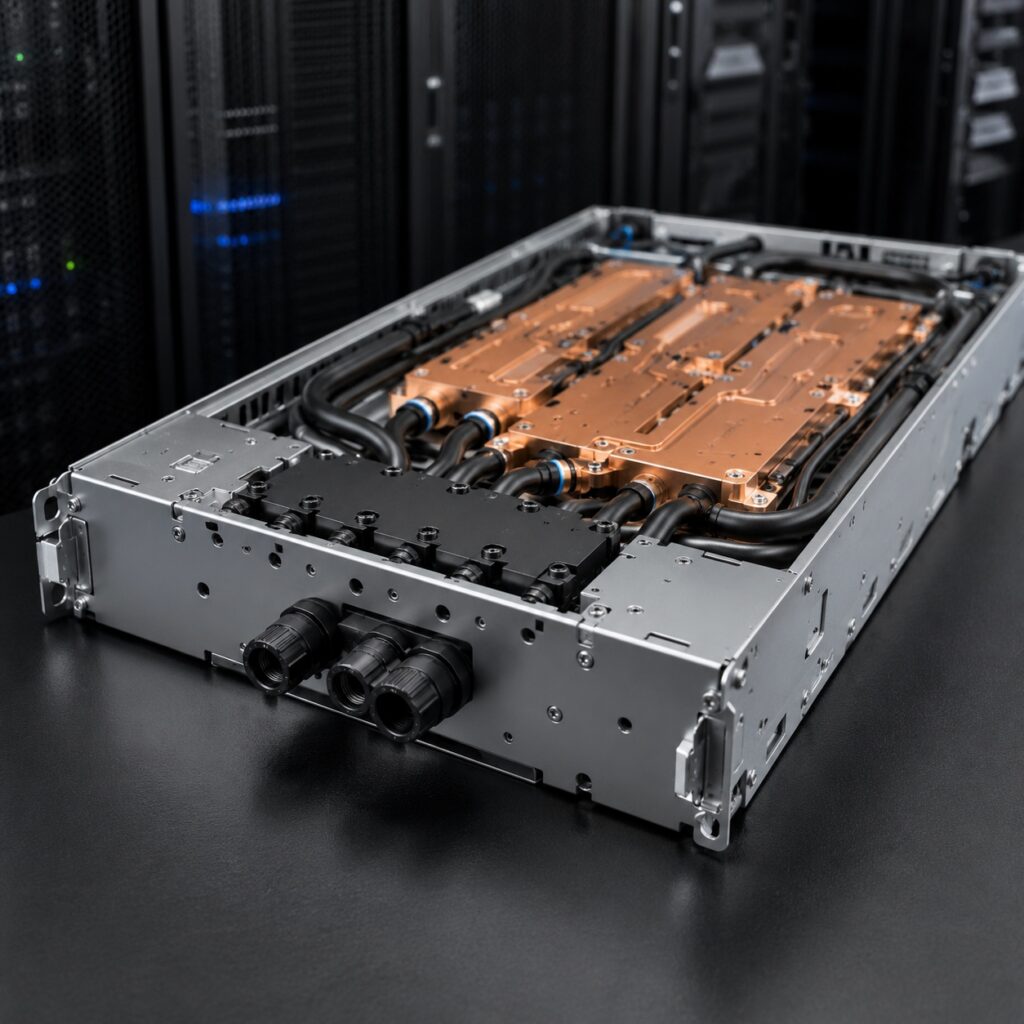 Server chassis with copper-colored cooling plates and connected black hoses, with data-center racks behind it.